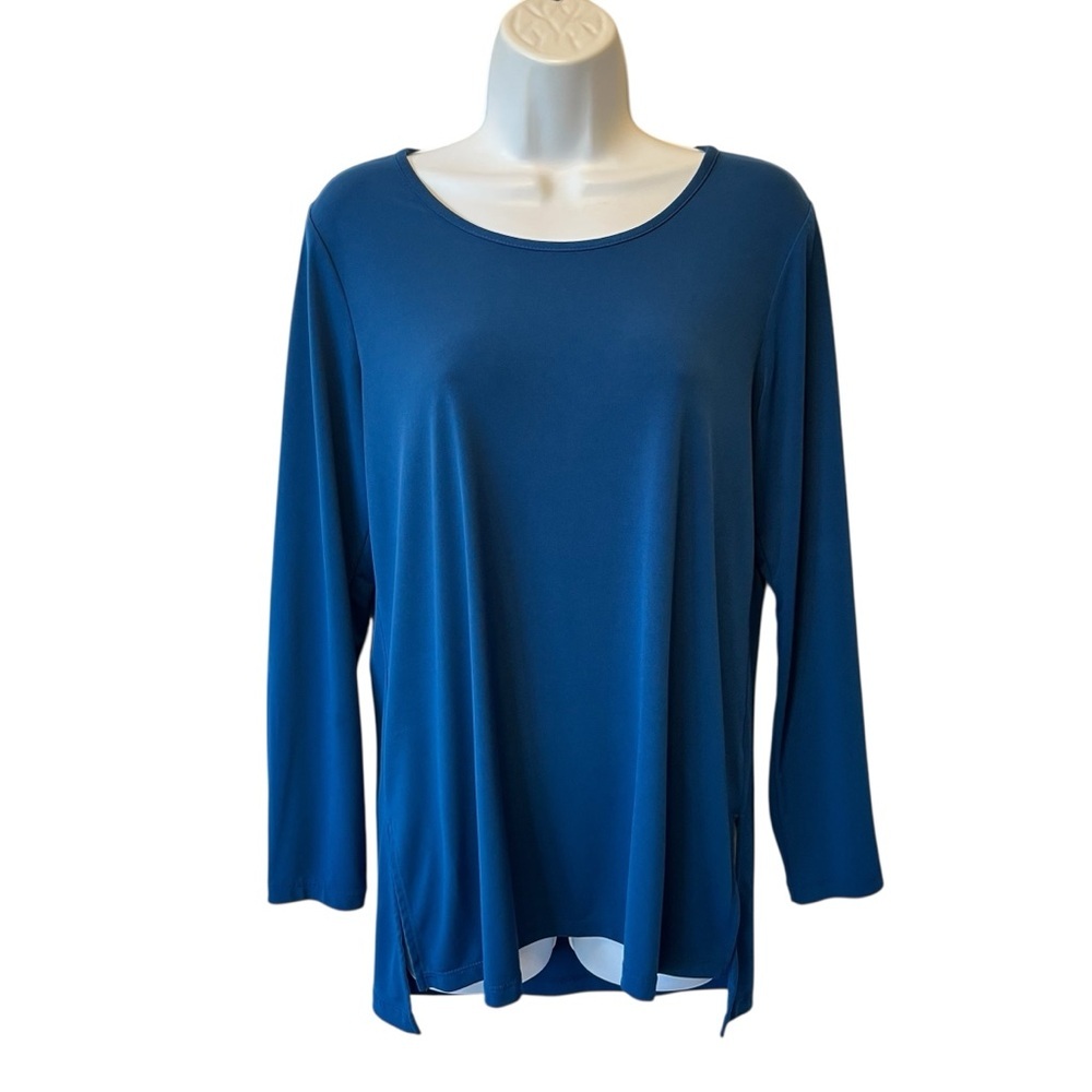 Susan Graver blouse S Blue Liquid knit Stretch Round neck Long sleeve Womens top